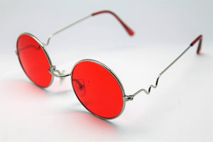 Lennon style sunglasses with red lenses and silver frames