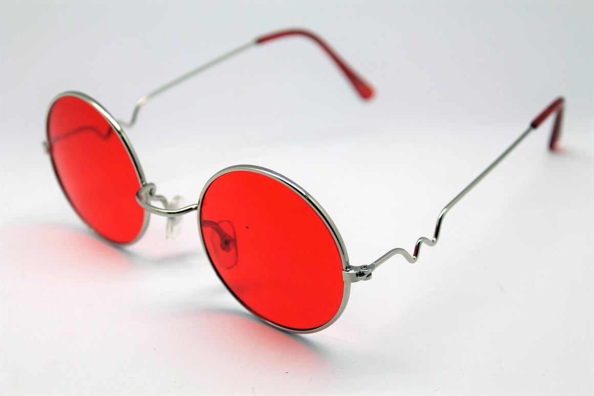 Lennon style sunglasses with red lenses and gold frames